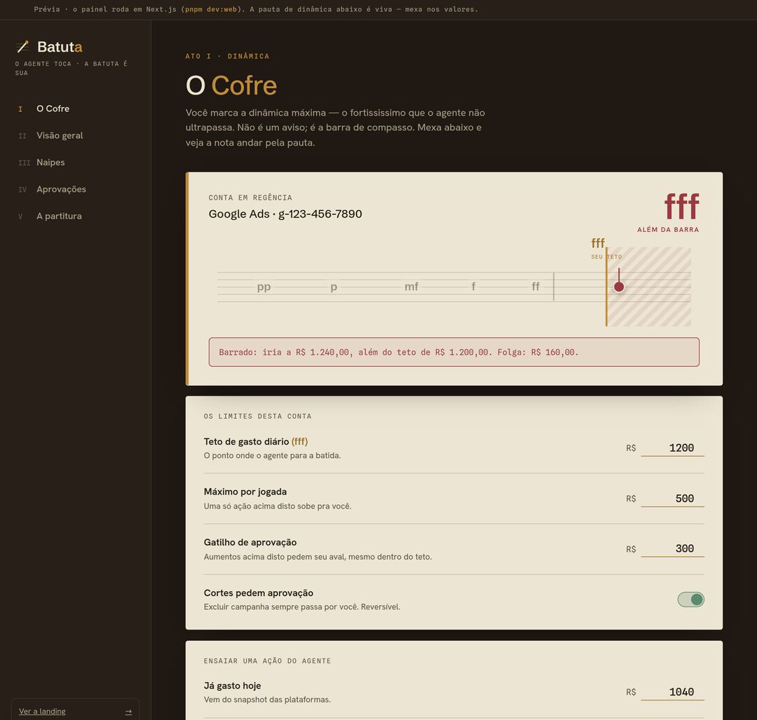 Baton dashboard: the Budget Vault showing spend as musical dynamics and the ceiling as a bar line.